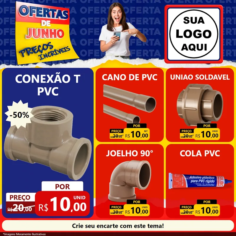 Modelo de Rede Social para Feed Facebook com o tema Ofertas de Junho - Preços Incríveis para Tubos e conexões