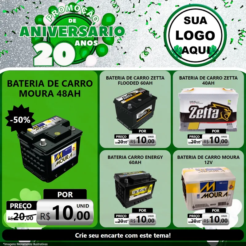 Modelo de Rede Social para Feed Facebook com o tema Promoção de Aniversário - 20 Anos para Baterias Elétricas
