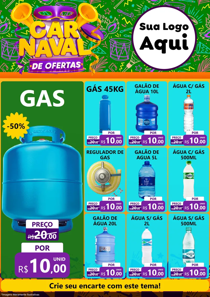 Modelo de Encarte para Encarte A4 Vertical com o tema Carnaval de Ofertas para Água e gás