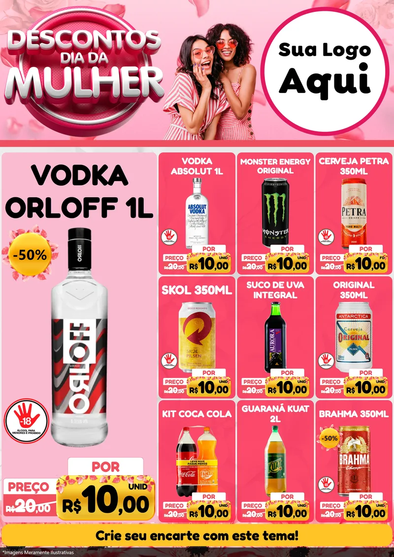 Modelo de Encarte para Encarte A4 Vertical com o tema Descontos Dia da Mulher para Distribuidora de bebidas