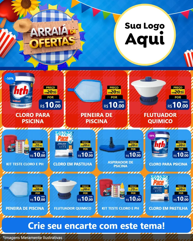 Modelo de Rede Social para Feed Instagram com o tema Arraiá de Ofertas para Produtos para Piscina