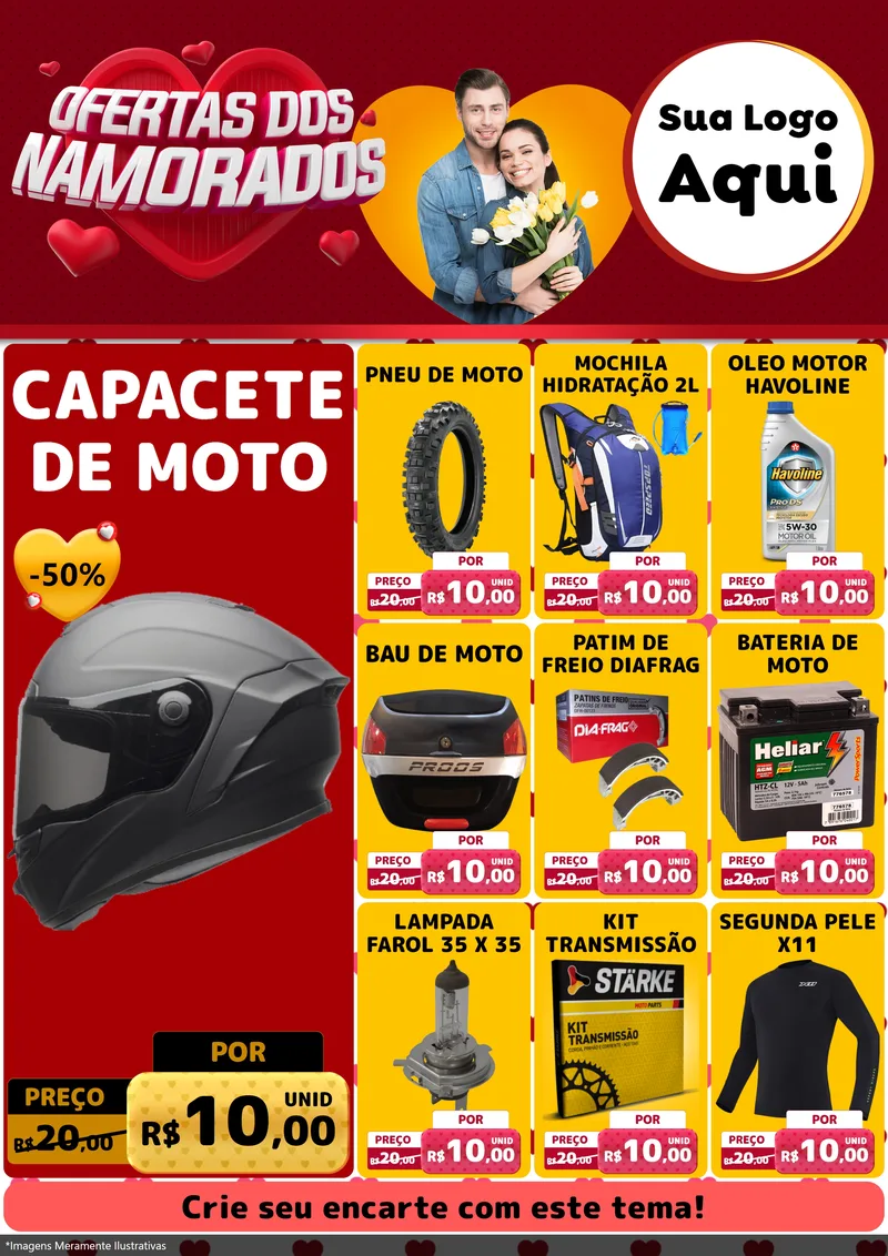 Modelo de Encarte para Encarte A4 Vertical com o tema Ofertas Dos Namorados para Moto peças