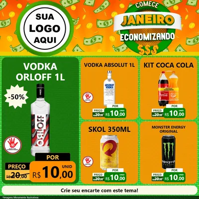 Modelo de Rede Social para Feed Facebook com o tema Comece Janeiro Economizando para Distribuidora de bebidas