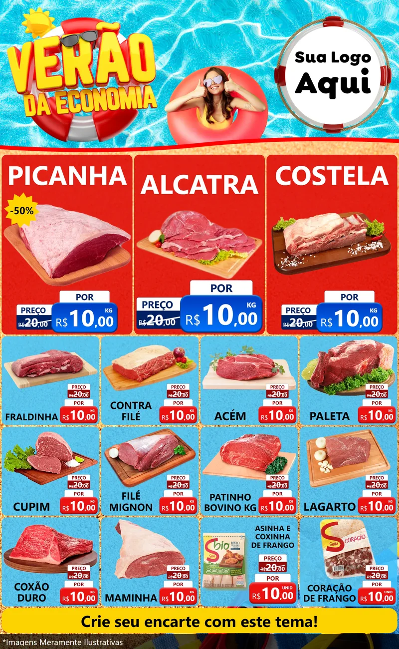 Modelo de Encarte para Encarte Grande com o tema Verão da Economia para Açougue