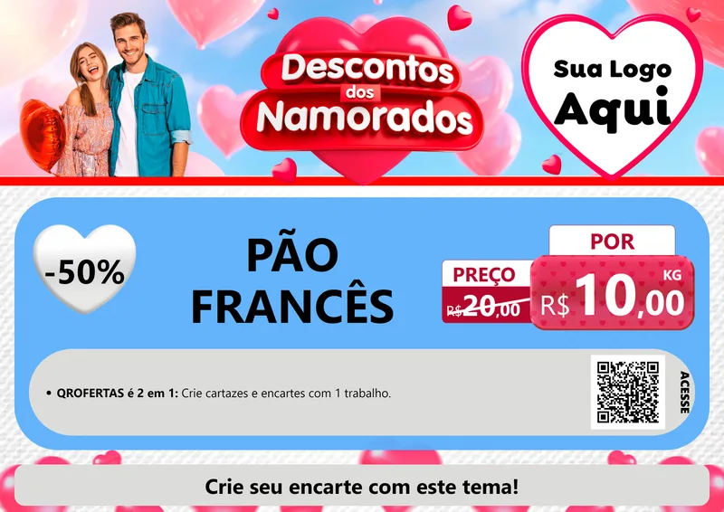 Modelo de Cartaz para Cartaz A4 Horizontal com o tema Descontos dos Namorados para Padaria