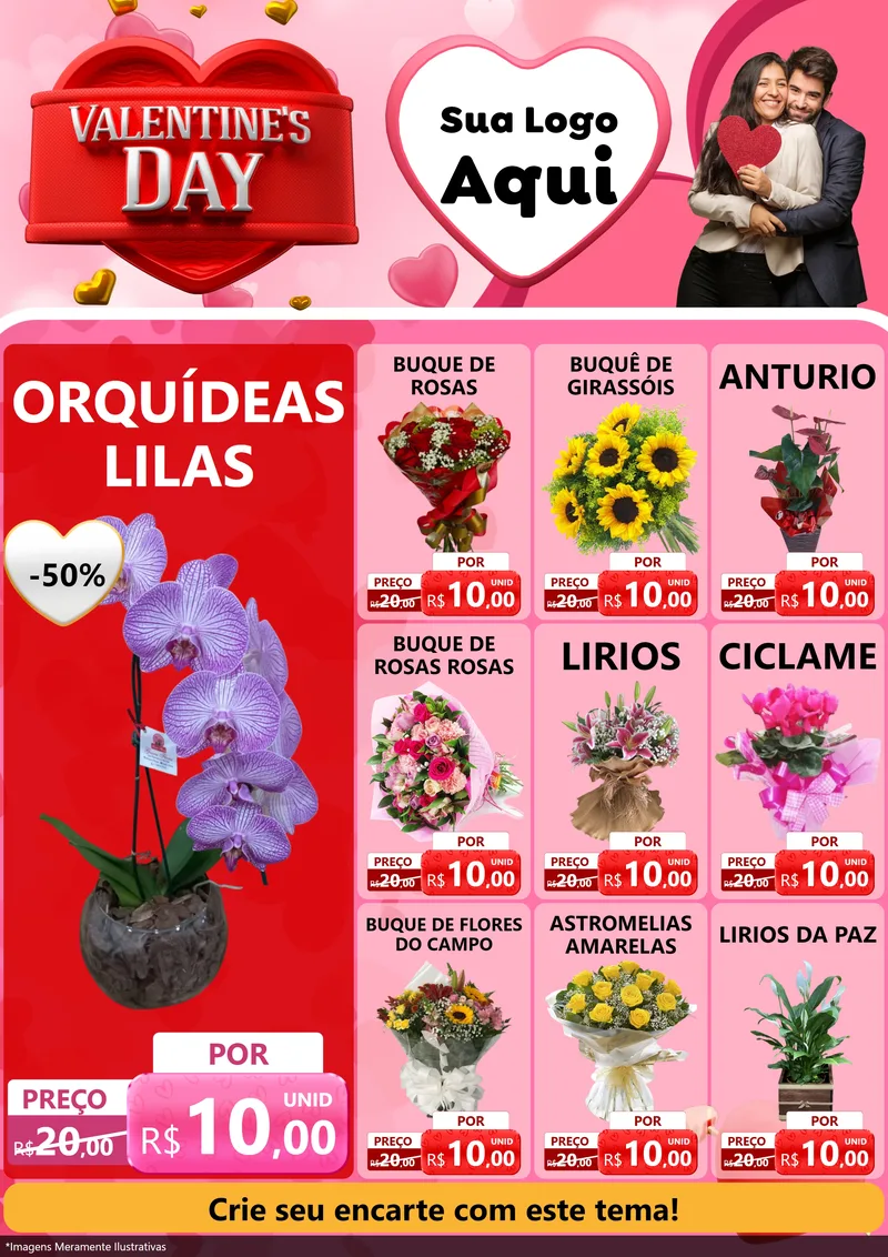 Modelo de Encarte para Encarte A4 Vertical com o tema Valentine's Day para Floricultura e jardim