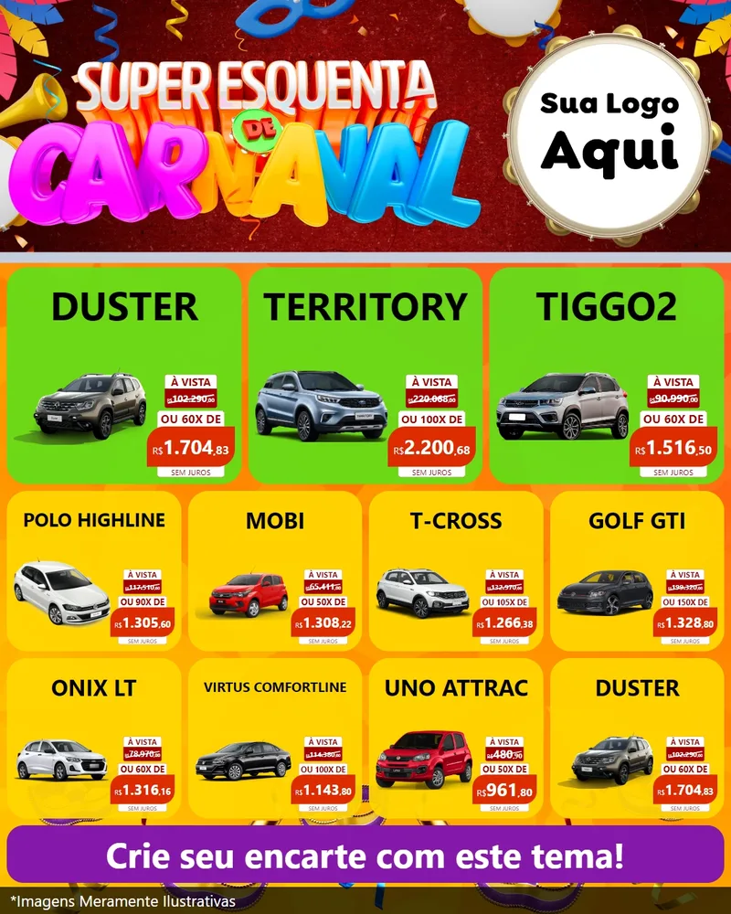 Modelo de Rede Social para Feed Instagram com o tema Super Esquenta de Carnaval para Concessionaria de Carros
