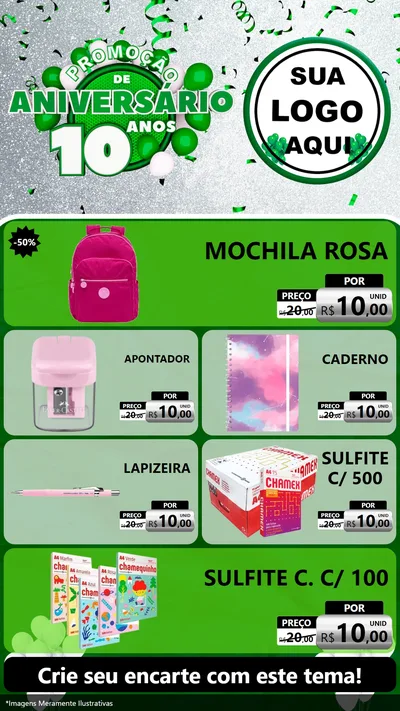 Modelo de TV para TV Vertical com o tema Promoção de Aniversário - 10 Anos para Papelaria
