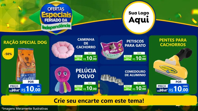 Modelo de TV para TV Horizontal com o tema Ofertas Especiais Feriado da Independência para Pet Shop