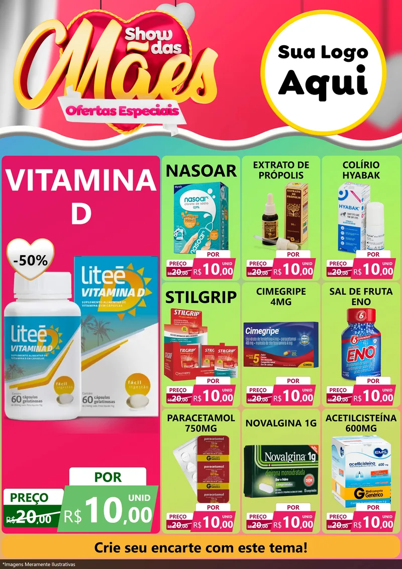 Modelo de Encarte para Encarte A4 Vertical com o tema Show das Mães - Ofertas Especiais para Farmácia