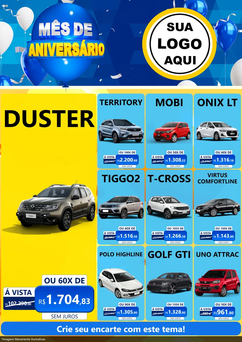 Modelo de Encarte para Encarte A4 Vertical com o tema Mês de Aniversário para Concessionaria de Carros