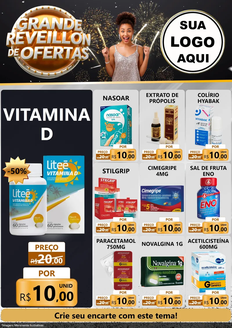 Modelo de Encarte para Encarte A4 Vertical com o tema Grande Réveillon de Ofertas para Farmácia