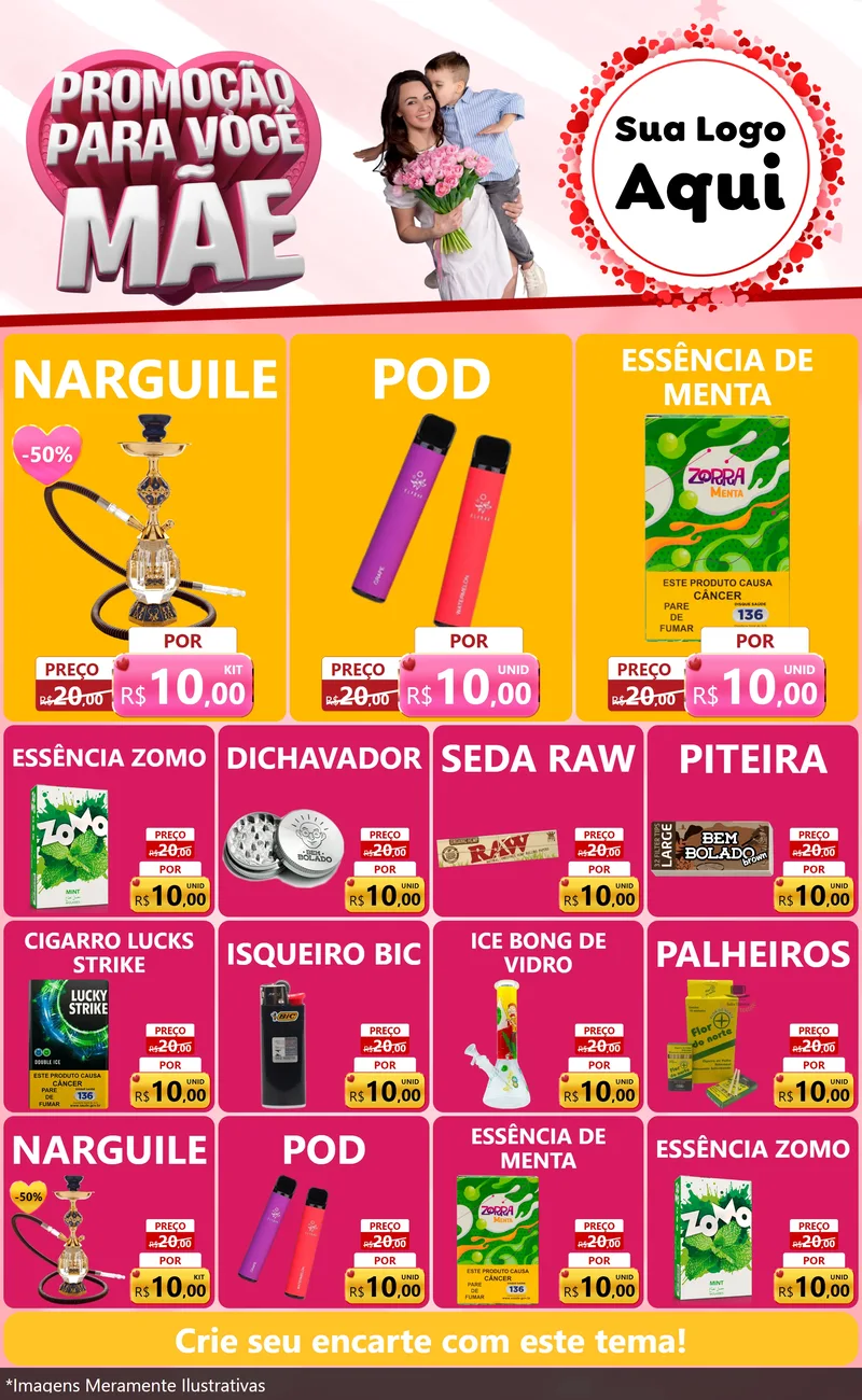 Modelo de Encarte para Encarte Grande com o tema Promoção Para Você Mãe para Tabacaria