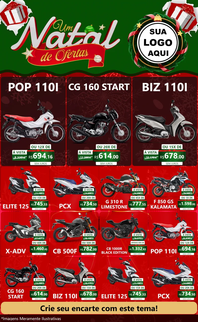 Modelo de Encarte para Encarte Grande com o tema Um Natal de Ofertas para Concessionaria de Motos