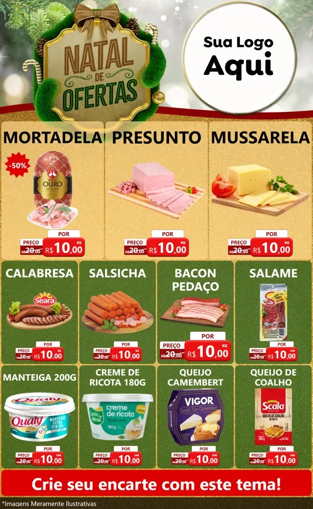 Modelo de Encarte para Encarte Grande com o tema Ofertas de Natal para Frios e Laticínios