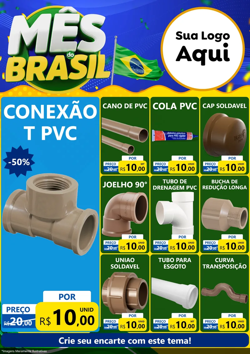 Modelo de Encarte para Encarte A4 Vertical com o tema Mês do Brasil para Tubos e conexões