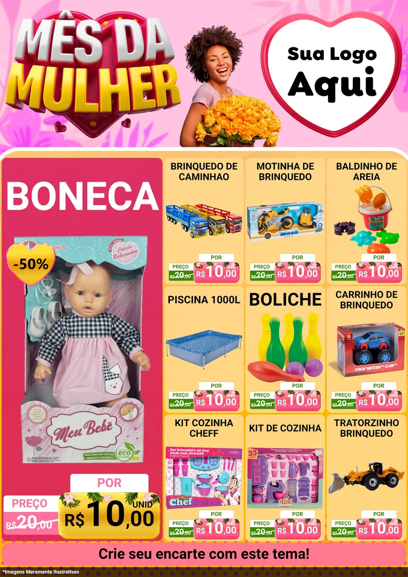 Modelo de Encarte para Encarte A4 Vertical com o tema Mês da Mulher para Brinquedos