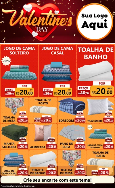 Modelo de Encarte para Encarte Grande com o tema Valentine's Day para Cama, Mesa e Banho