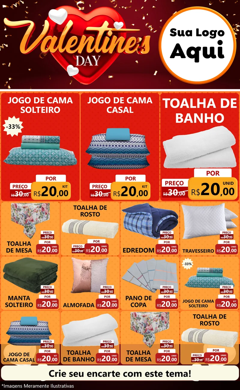 Modelo de Encarte para Encarte Grande com o tema Valentine's Day para Cama, Mesa e Banho