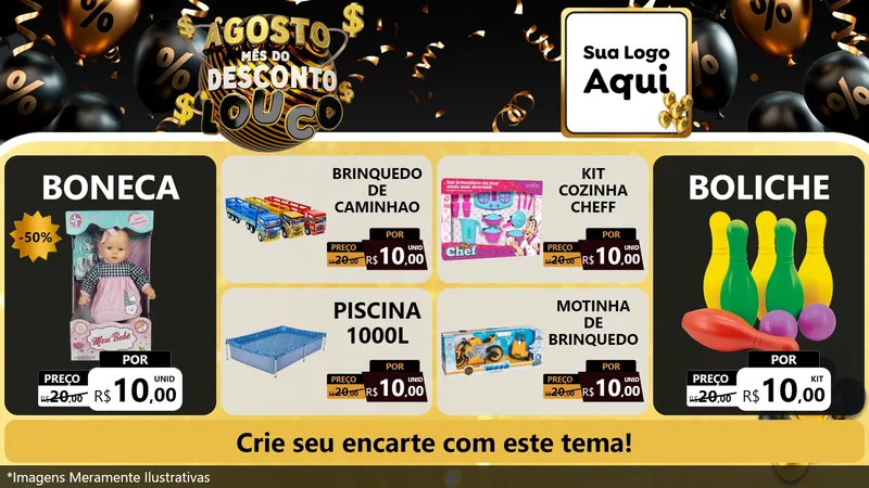 Modelo de TV para TV Horizontal com o tema Agosto Mês do Desconto Louco para Brinquedos
