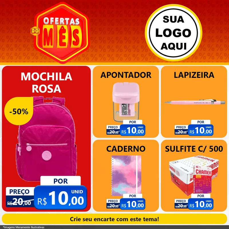 Modelo de Rede Social para Feed Facebook com o tema Ofertas do Mês para Papelaria