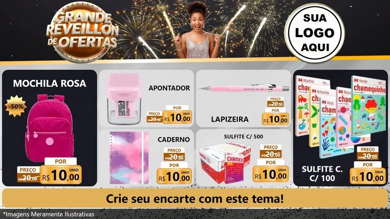 Modelo de TV para TV Horizontal com o tema Grande Réveillon de Ofertas para Papelaria