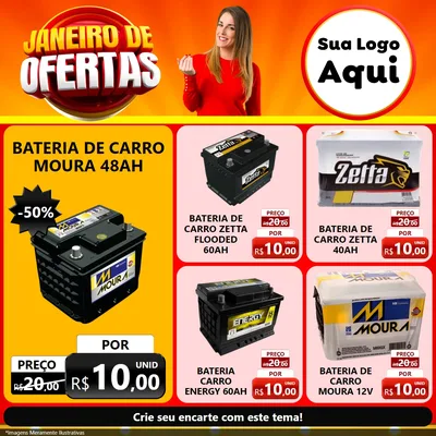 Modelo de Rede Social para Feed Facebook com o tema Janeiro de Ofertas para Baterias Elétricas