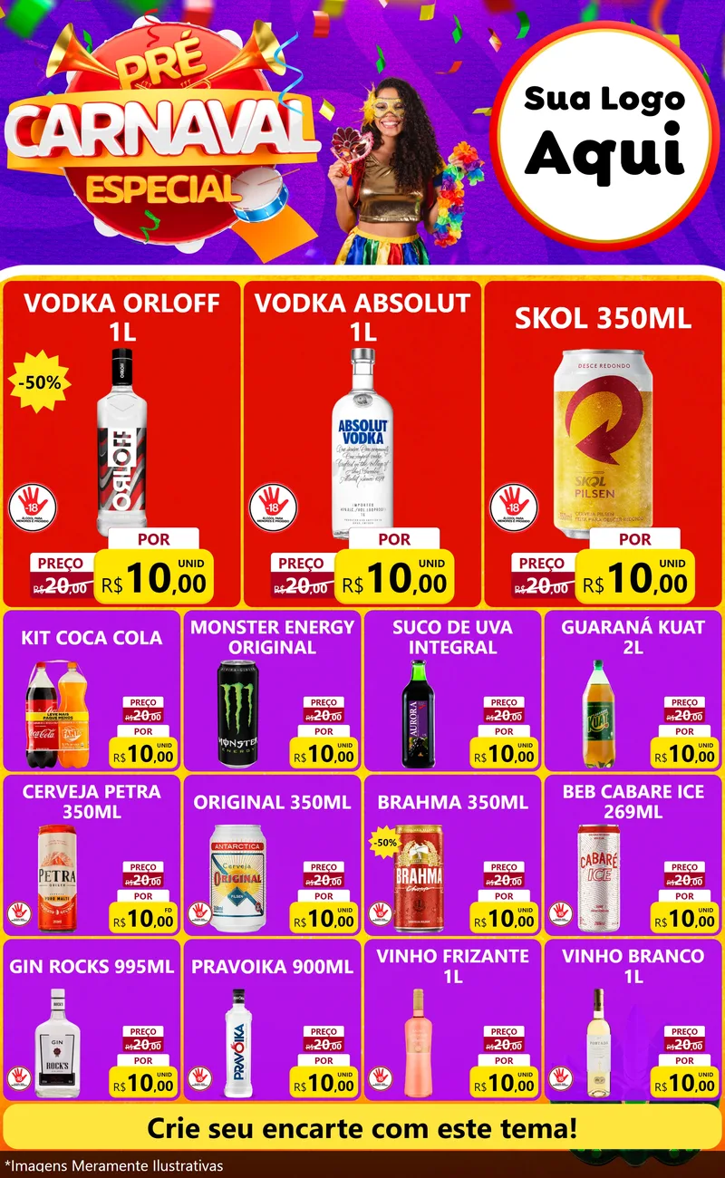 Modelo de Encarte para Encarte Grande com o tema Pré-Carnaval Especial para Distribuidora de bebidas