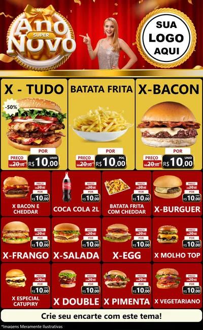 Modelo de Encarte para Encarte Grande com o tema Super Ano Novo para Hamburgueria