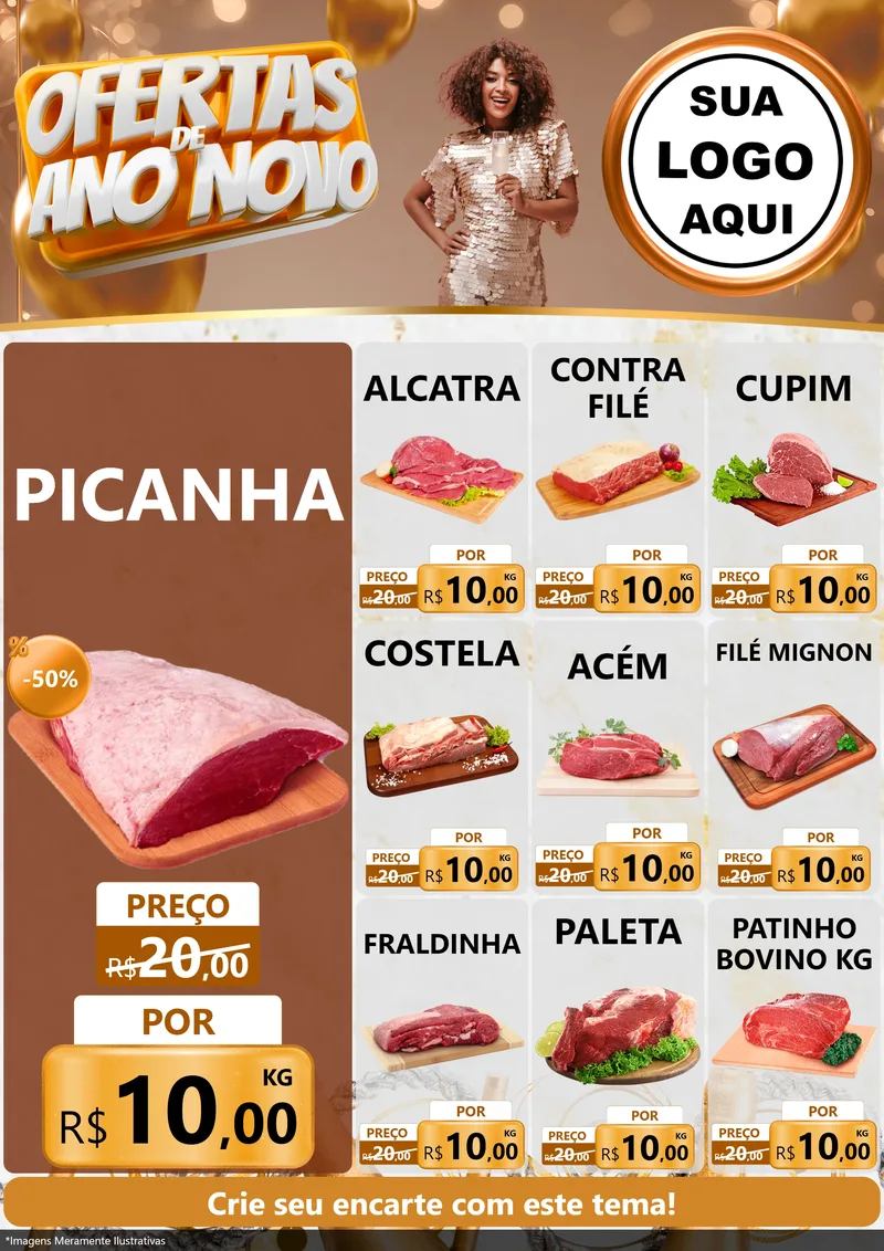 Modelo de Encarte para Encarte A4 Vertical com o tema Ofertas de Ano Novo para Açougue