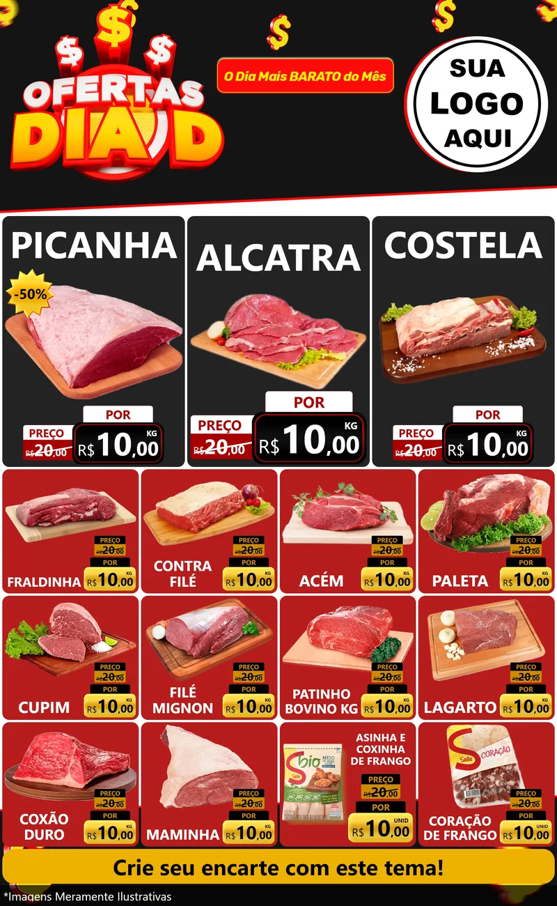 Modelo de Encarte para Encarte Grande com o tema Ofertas Dia D para Açougue