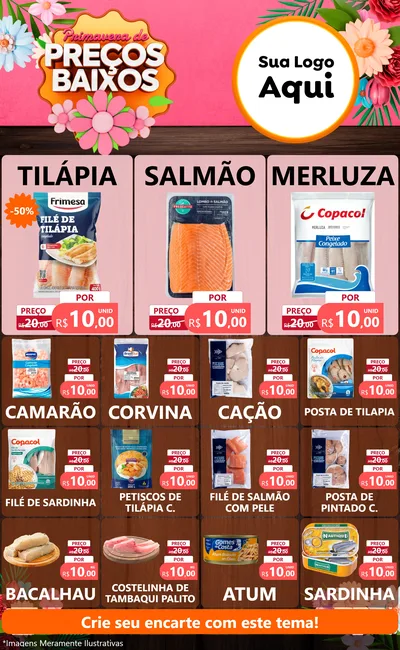 Modelo de Encarte para Encarte Grande com o tema Primavera de Preços Baixos para Peixaria