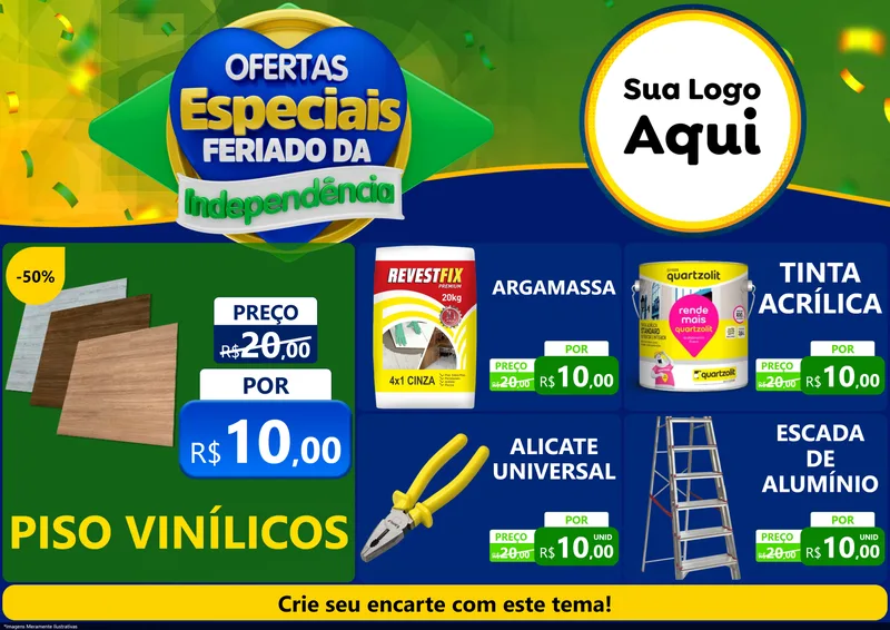 Modelo de Encarte para Encarte A4 Horizontal com o tema Ofertas Especiais Feriado da Independência para Material para Construção
