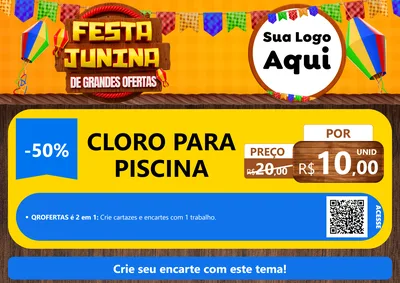 Modelo de Cartaz para Cartaz A4 Horizontal com o tema Festa Junina de Grandes Ofertas para Produtos para Piscina