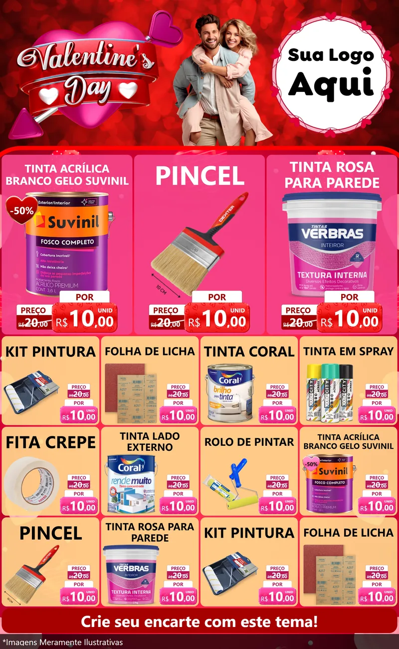 Modelo de Encarte para Encarte Grande com o tema Valentine's Day para Tintas e Ferramentas