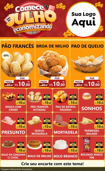 Modelo de Encarte para Encarte Grande com o tema Comece Julho Economizando para Padaria
