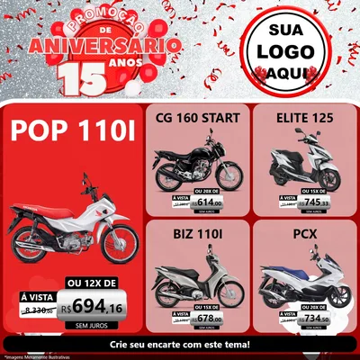 Modelo de Rede Social para Feed Facebook com o tema Promoção de Aniversário - 15 Anos para Concessionaria de Motos