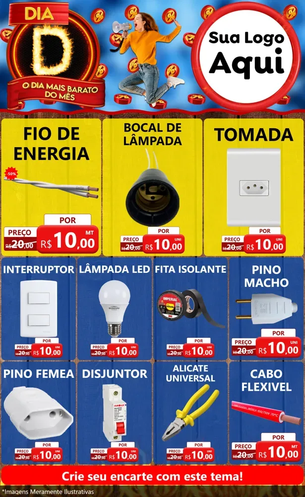 Modelo de Encarte para Encarte Grande com o tema Dia D - O Dia Mais Barato Do Mês para Materiais Elétricos