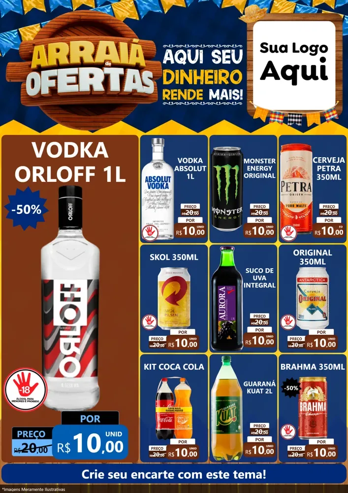 Modelo de Encarte para Encarte A4 Vertical com o tema Arraiá de Ofertas - Junina para Distribuidora de bebidas