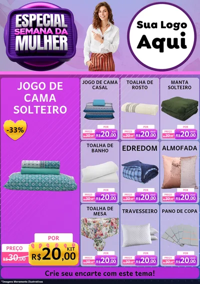 Modelo de Encarte para Encarte A4 Vertical com o tema Especial Semana da Mulher para Cama, Mesa e Banho