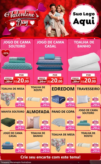 Modelo de Encarte para Encarte Grande com o tema Valentine's Day para Cama, Mesa e Banho