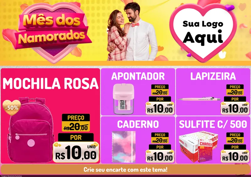 Modelo de Encarte para Encarte A4 Horizontal com o tema Mês dos Namorados para Papelaria
