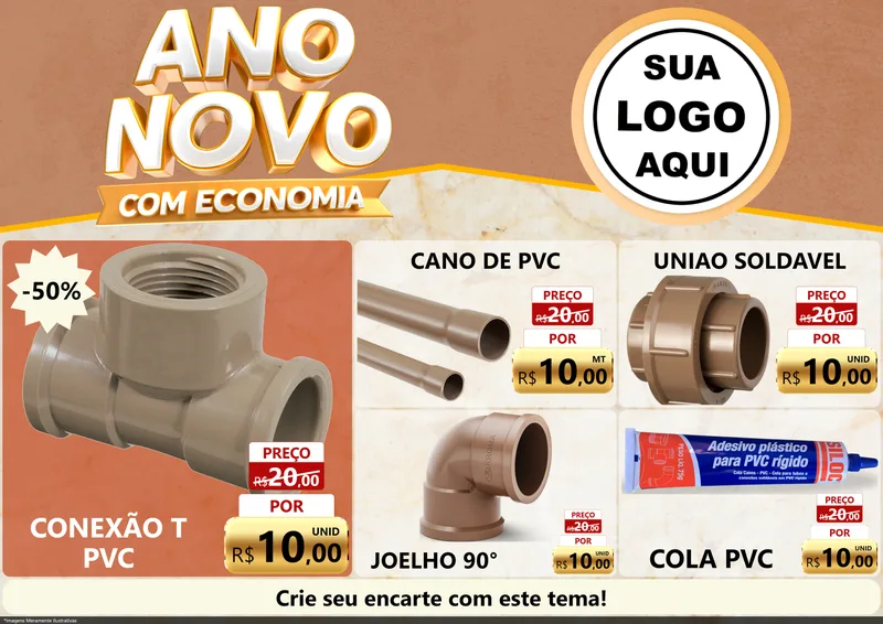 Modelo de Encarte para Encarte A4 Horizontal com o tema Ano Novo Com Economia para Tubos e conexões