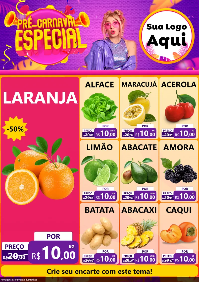 Modelo de Encarte para Encarte A4 Vertical com o tema Pré-Carnaval Especial para Hortifrúti