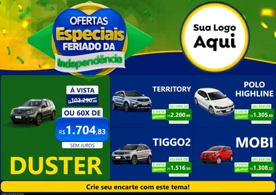 Modelo de Encarte para Encarte A4 Horizontal com o tema Ofertas Especiais Feriado da Independência para Concessionaria de Carros