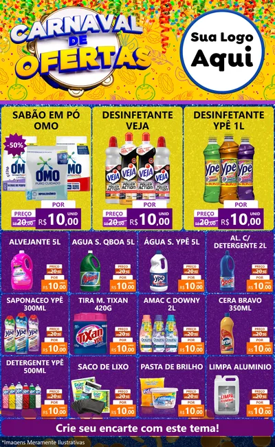 Modelo de Encarte para Encarte Grande com o tema Carnaval de Ofertas para Produtos de Limpeza