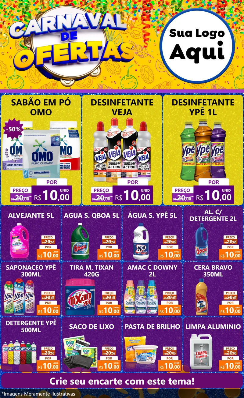 Modelo de Encarte para Encarte Grande com o tema Carnaval de Ofertas para Produtos de Limpeza