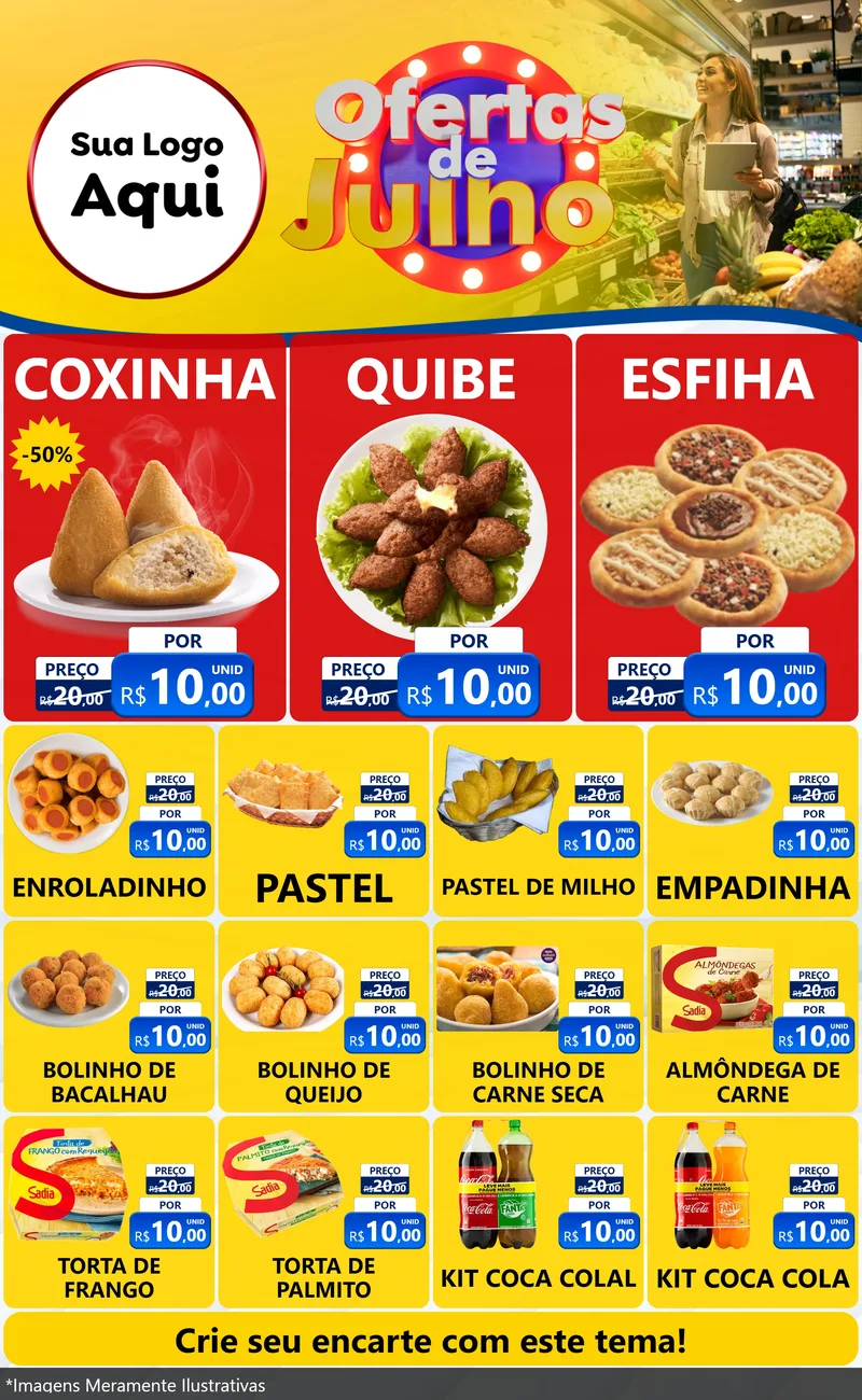 Modelo de Encarte para Encarte Grande com o tema Ofertas de Julho para Salgadaria