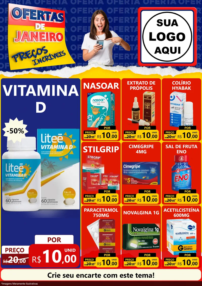 Modelo de Encarte para Encarte A4 Vertical com o tema Ofertas de Janeiro - Preços Incríveis para Farmácia
