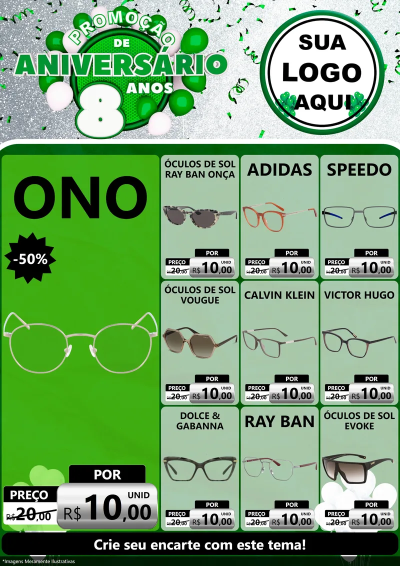 Modelo de Encarte para Encarte A4 Vertical com o tema Promoção de Aniversário - 8 Anos para Óticas